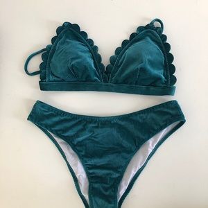 Teal velvet bikini with scalloped top